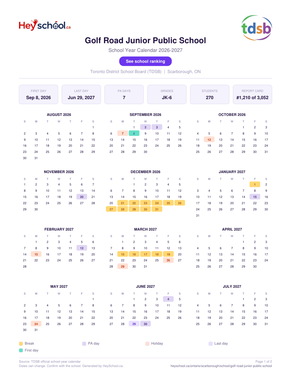 Golf Road Junior Public School School Year Calendar 2026-2027