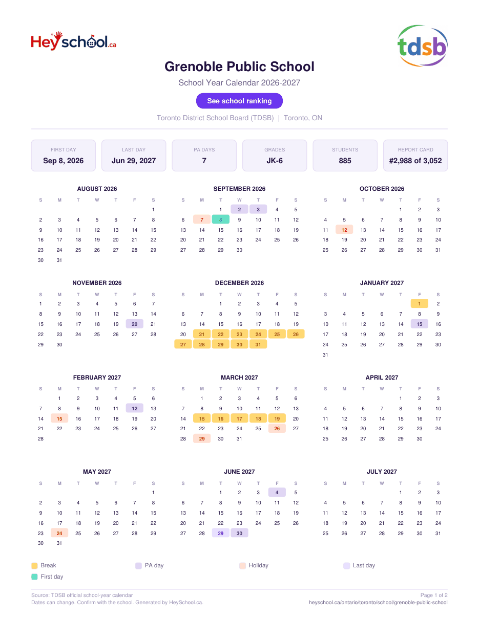 Grenoble Public School School Year Calendar 2026-2027