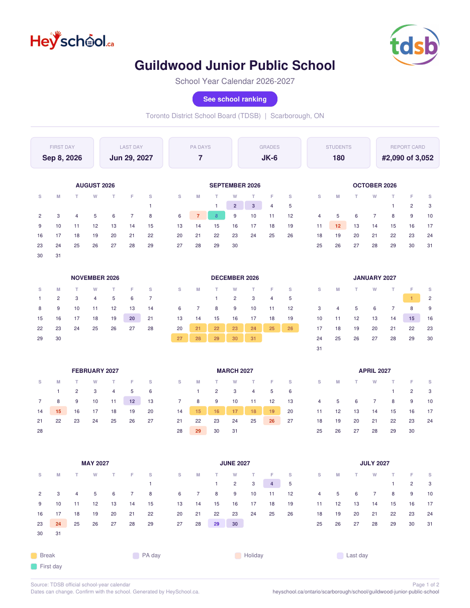 Guildwood Junior Public School School Year Calendar 2026-2027