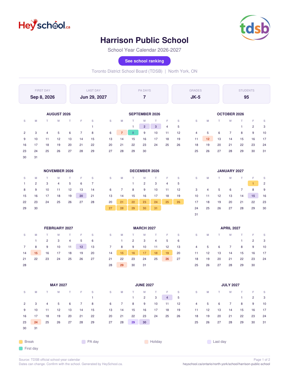 Harrison Public School School Year Calendar 2026-2027