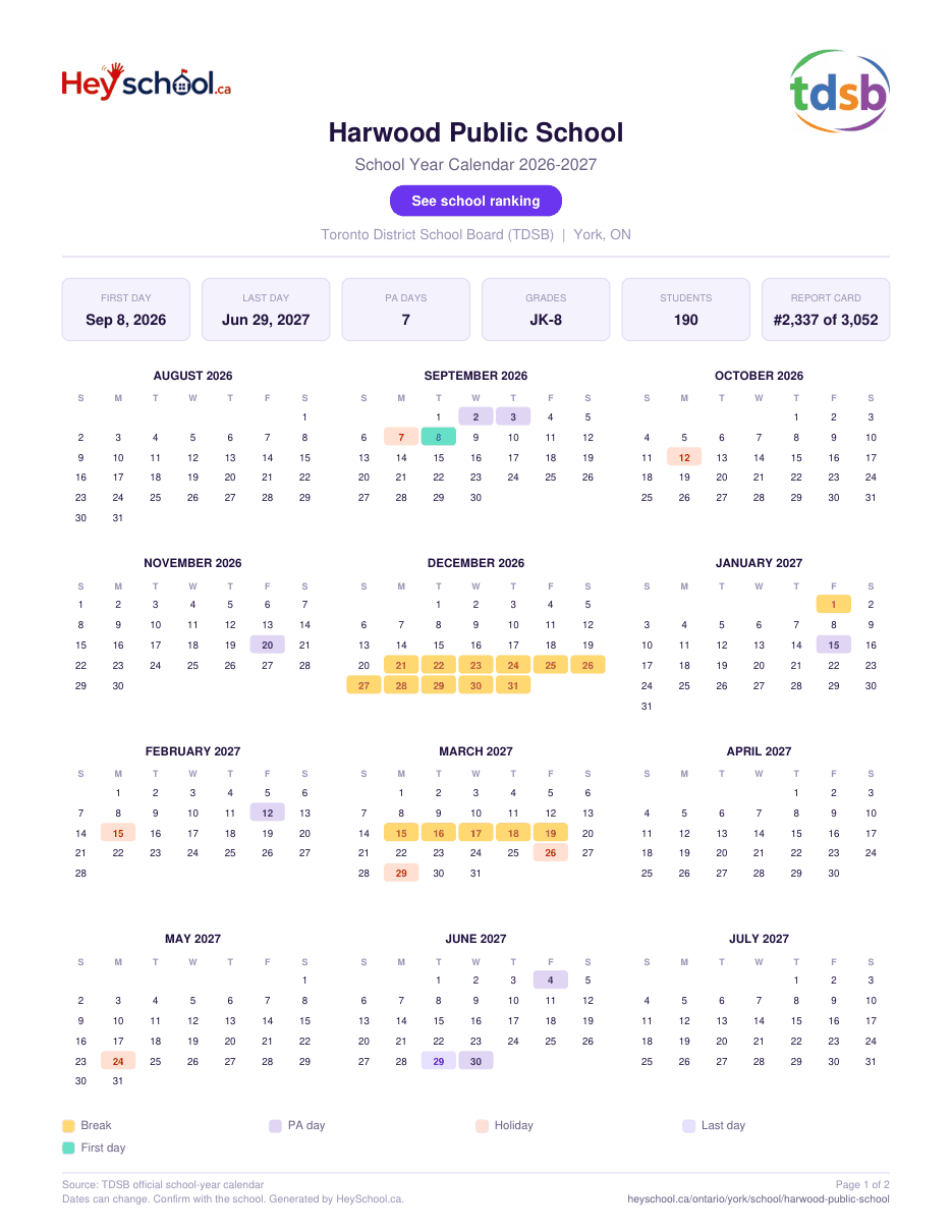Harwood Public School School Year Calendar 2026-2027
