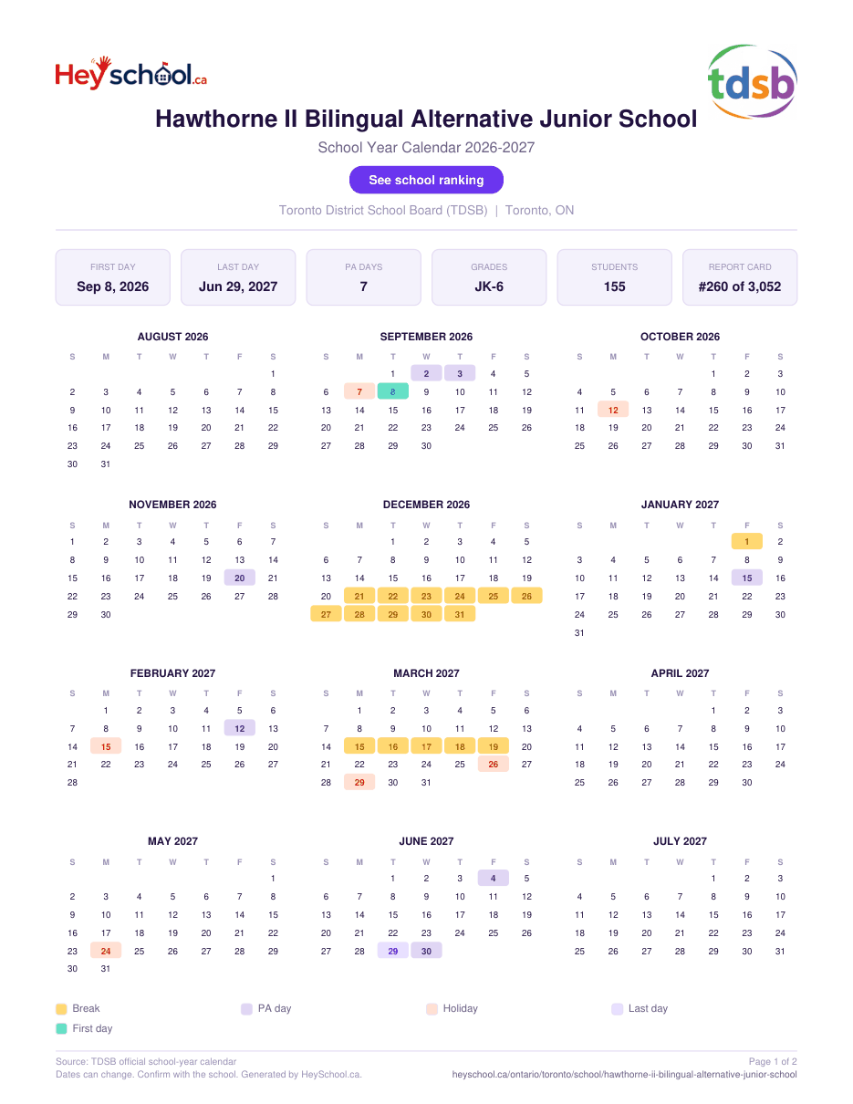 Hawthorne II Bilingual Alternative Junior School School Year Calendar 2026-2027