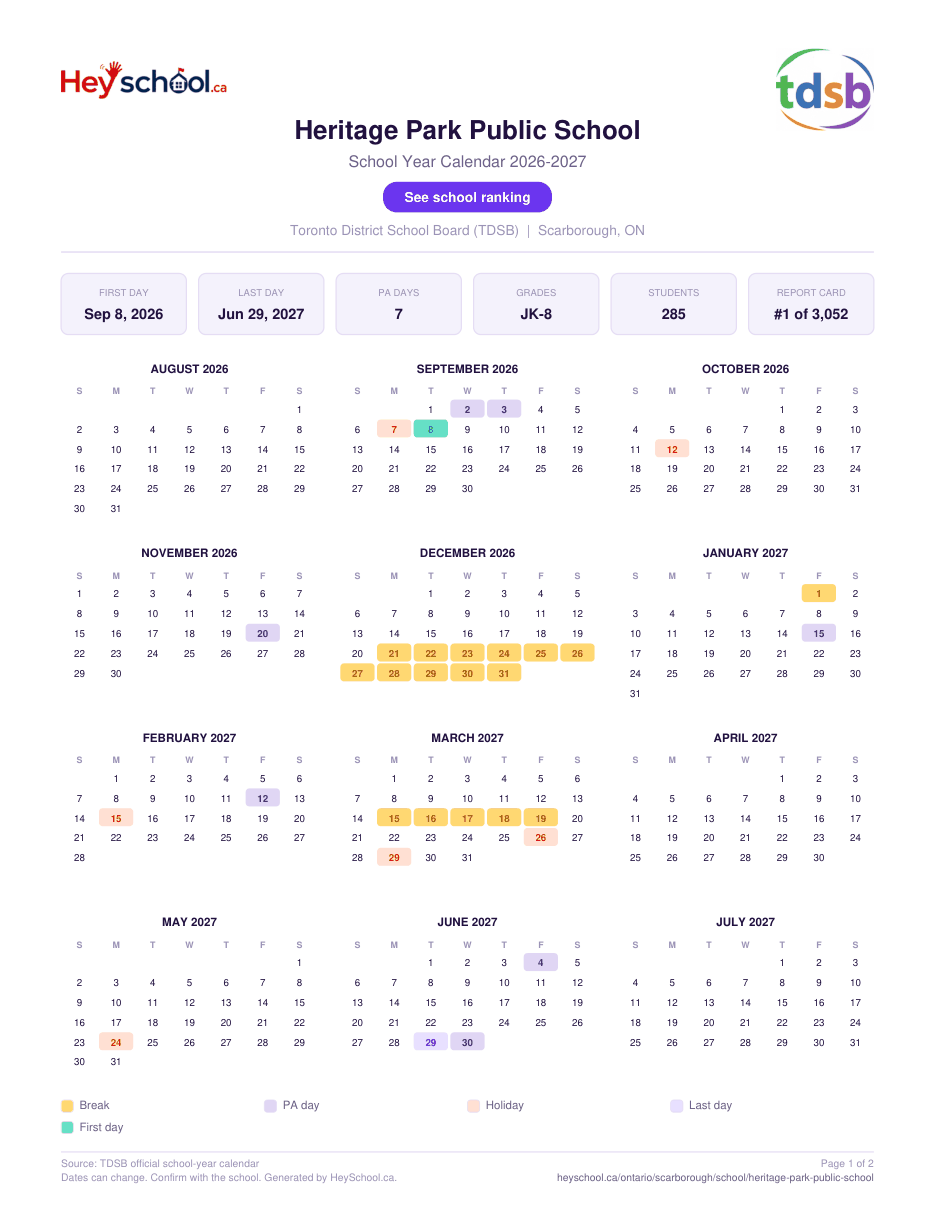 Heritage Park Public School School Year Calendar 2026-2027