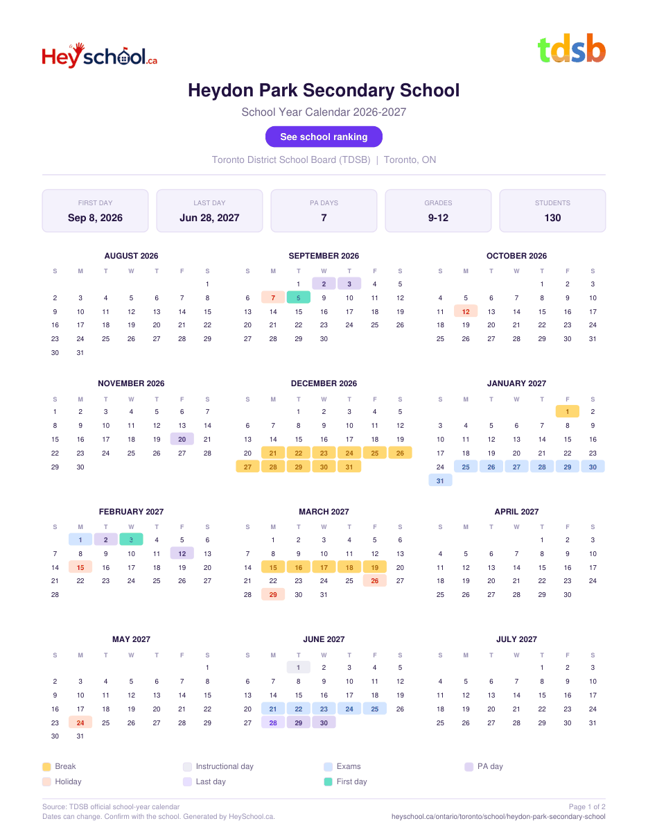 Heydon Park Secondary School School Year Calendar 2026-2027