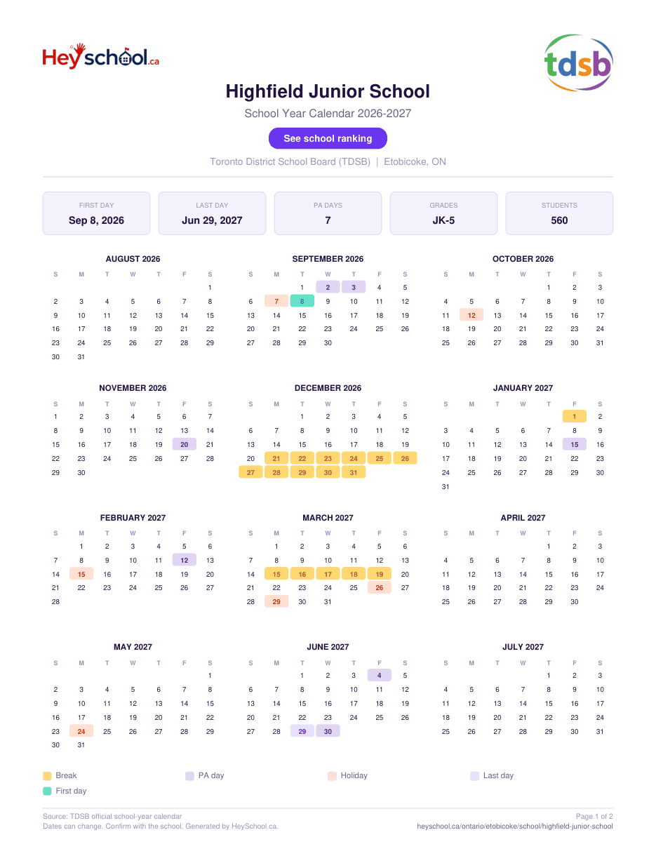 Highfield Junior School School Year Calendar 2026-2027