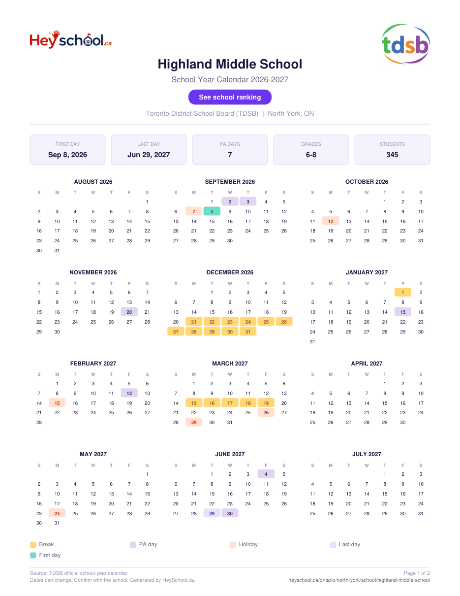 Highland Middle School School Year Calendar 2026-2027