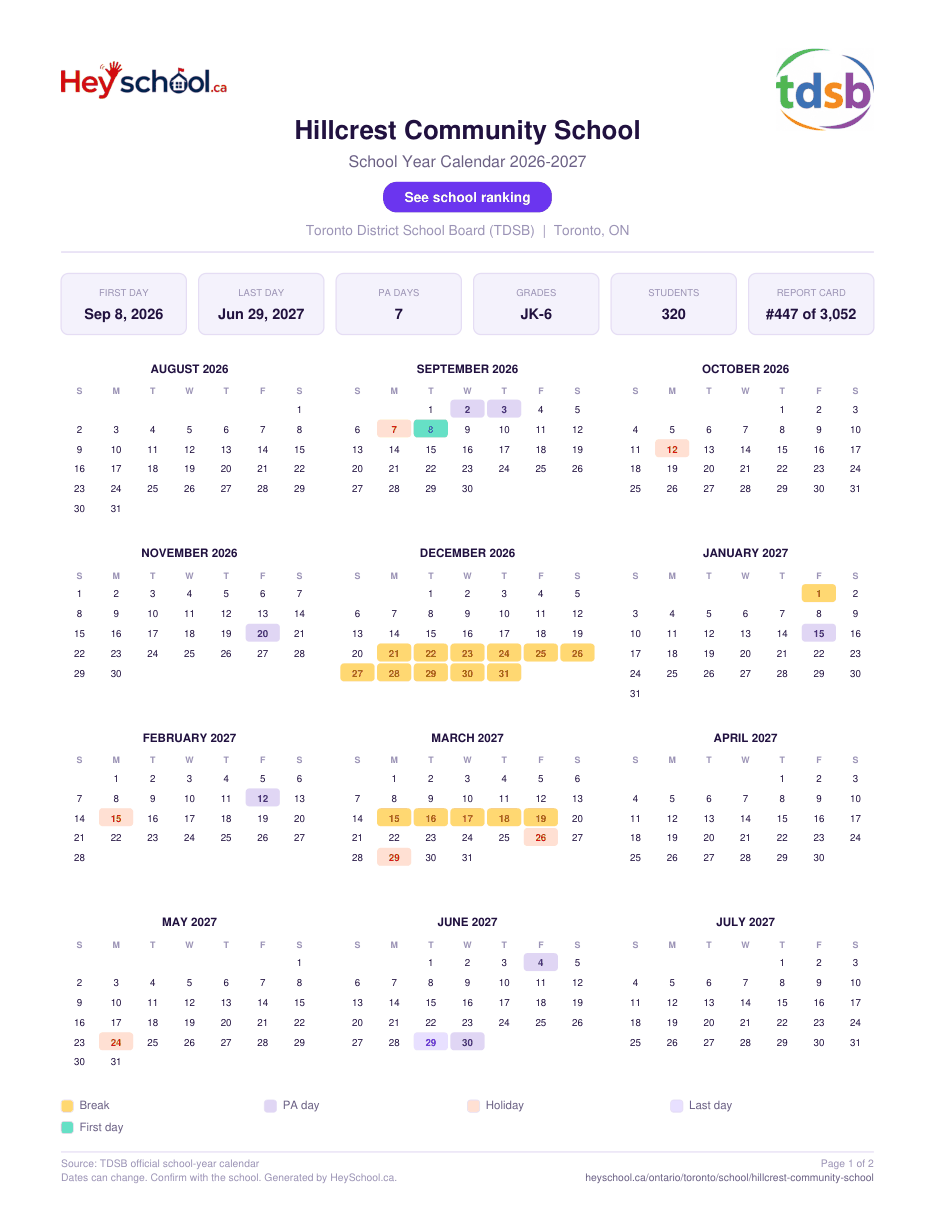 Hillcrest Community School School Year Calendar 2026-2027