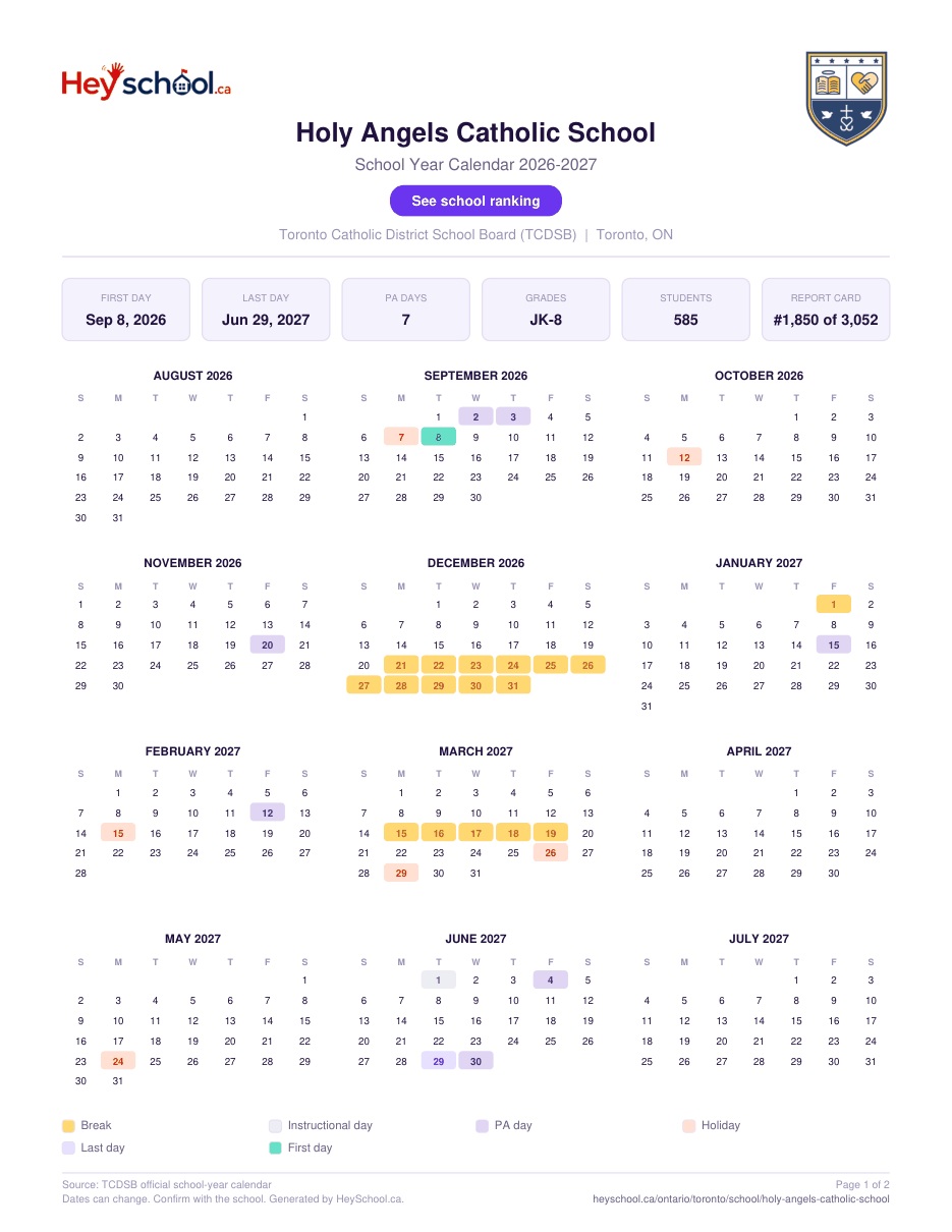 Holy Angels Catholic School School Year Calendar 2026-2027