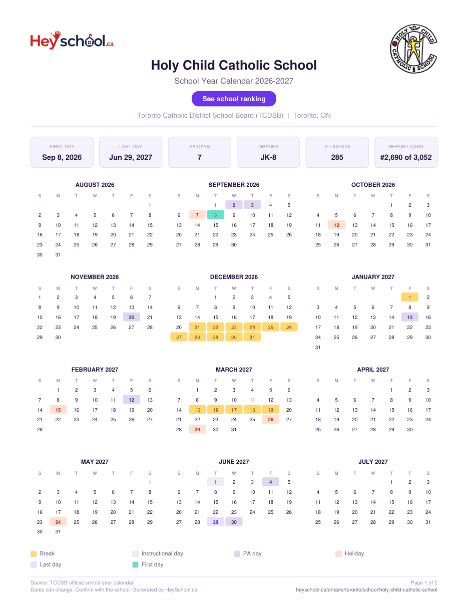 Holy Child Catholic School School Year Calendar 2026-2027