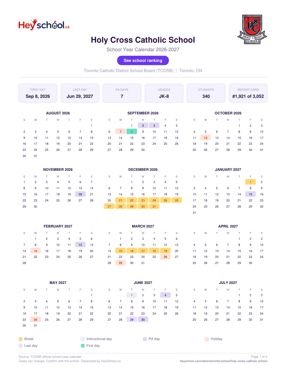 Holy Cross Catholic School School Year Calendar 2026-2027