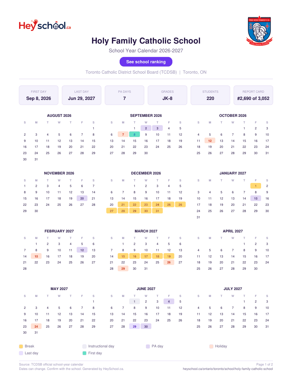 Holy Family Catholic School School Year Calendar 2026-2027