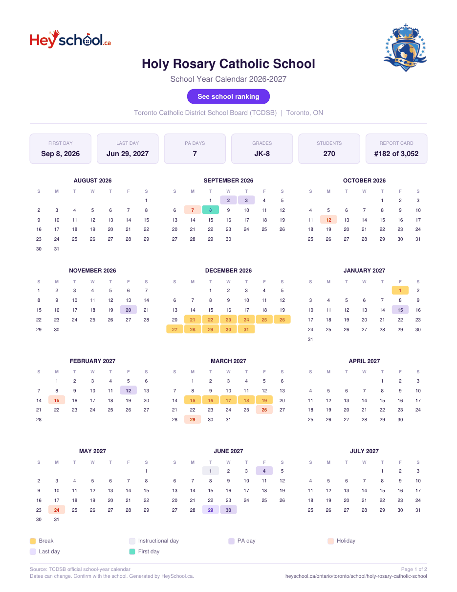 Holy Rosary Catholic School School Year Calendar 2026-2027