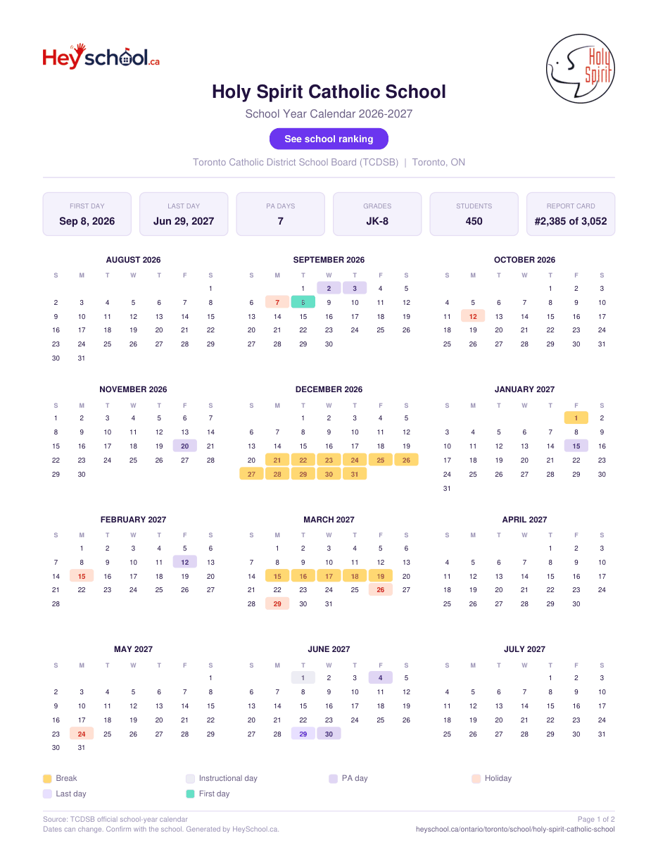 Holy Spirit Catholic School School Year Calendar 2026-2027