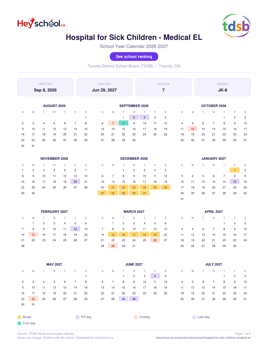 Hospital for Sick Children - Medical EL School Year Calendar 2026-2027