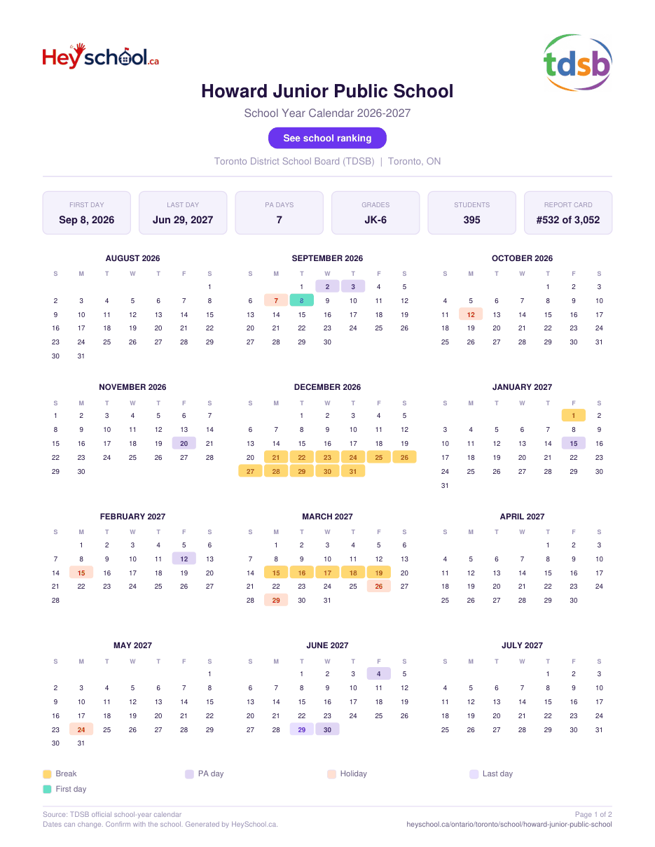 Howard Junior Public School School Year Calendar 2026-2027