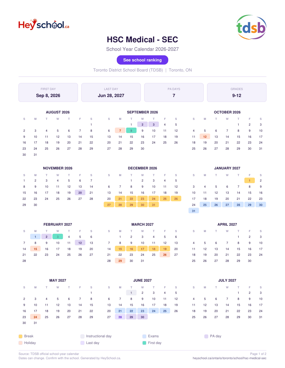 HSC Medical - SEC School Year Calendar 2026-2027