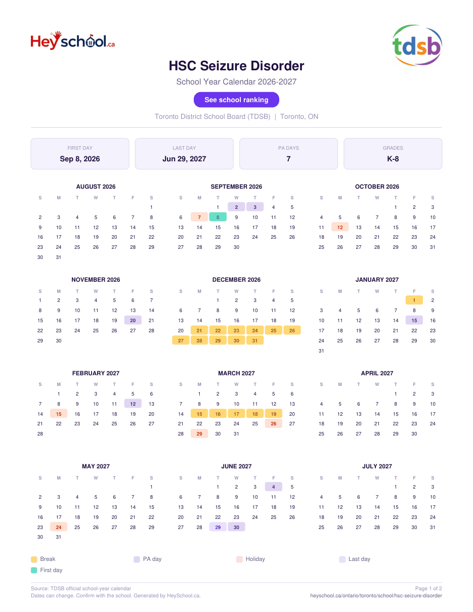 HSC Seizure Disorder School Year Calendar 2026-2027
