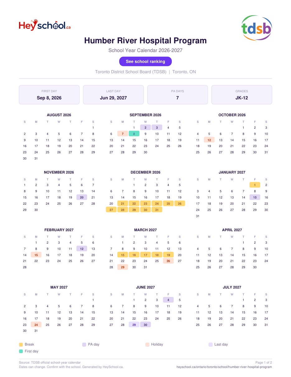Humber River Hospital Program School Year Calendar 2026-2027