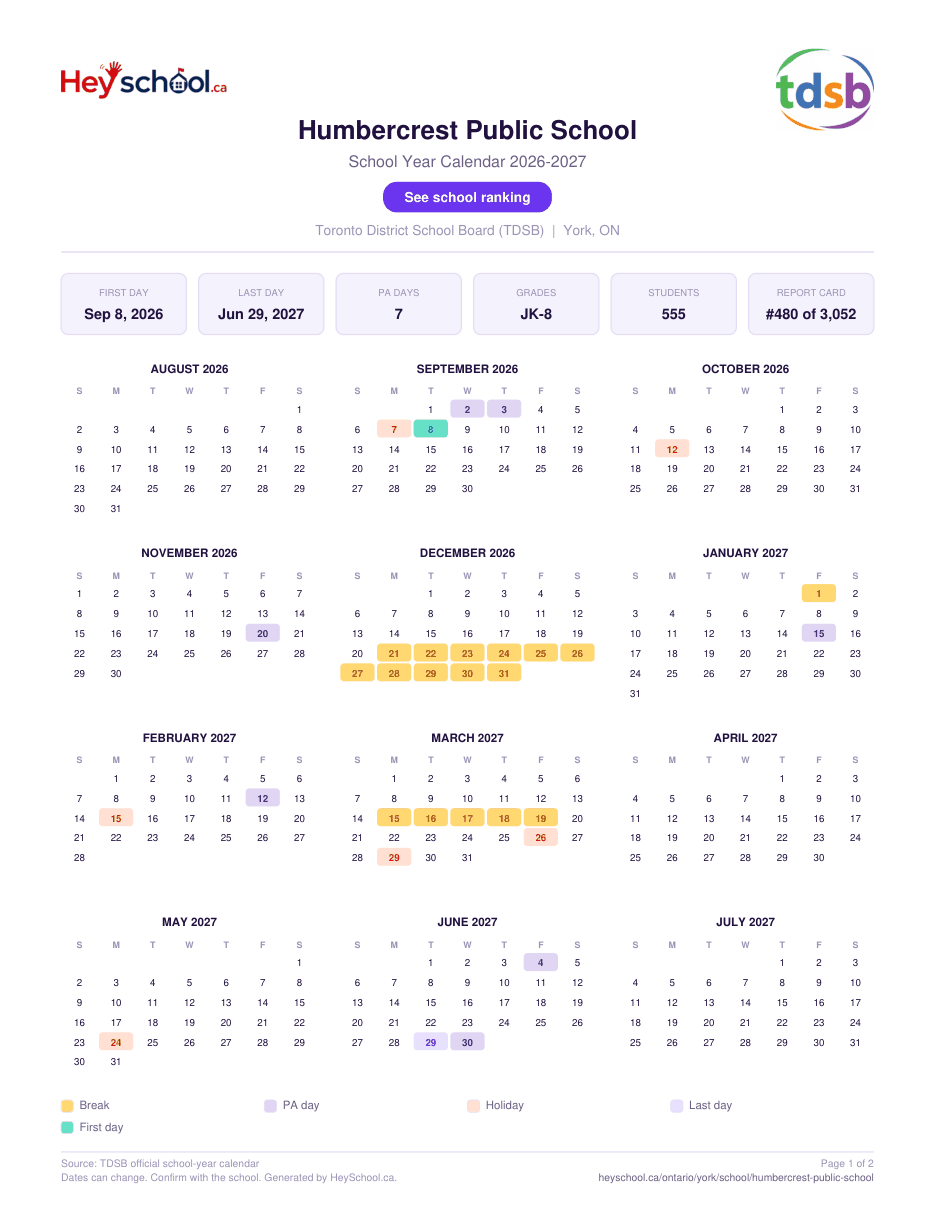Humbercrest Public School School Year Calendar 2026-2027