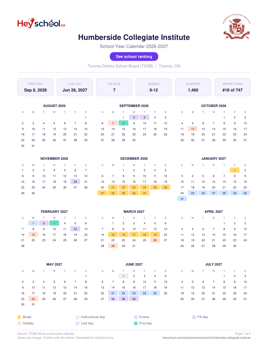 Humberside Collegiate Institute School Year Calendar 2026-2027