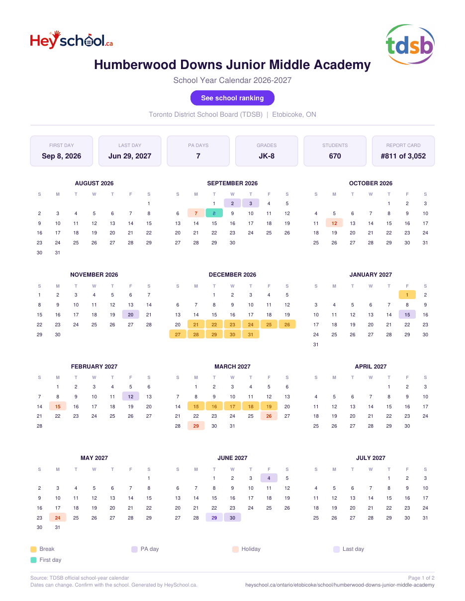 Humberwood Downs Junior Middle Academy School Year Calendar 2026-2027