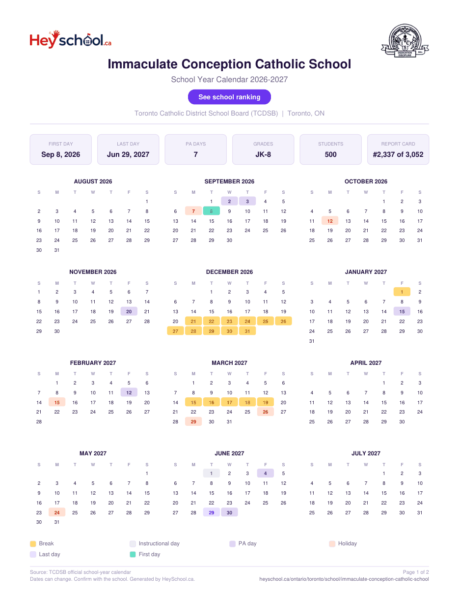Immaculate Conception Catholic School School Year Calendar 2026-2027
