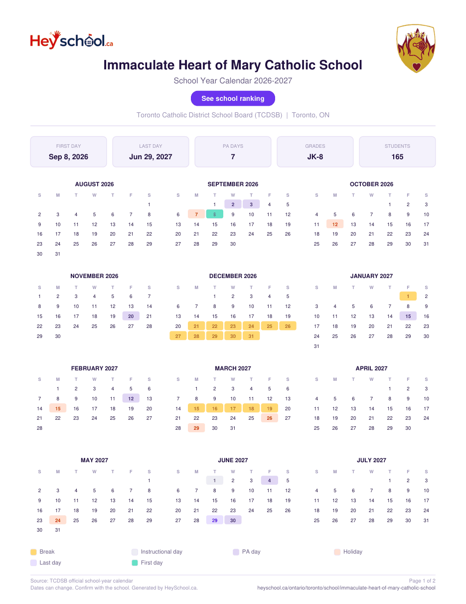 Immaculate Heart of Mary Catholic School School Year Calendar 2026-2027