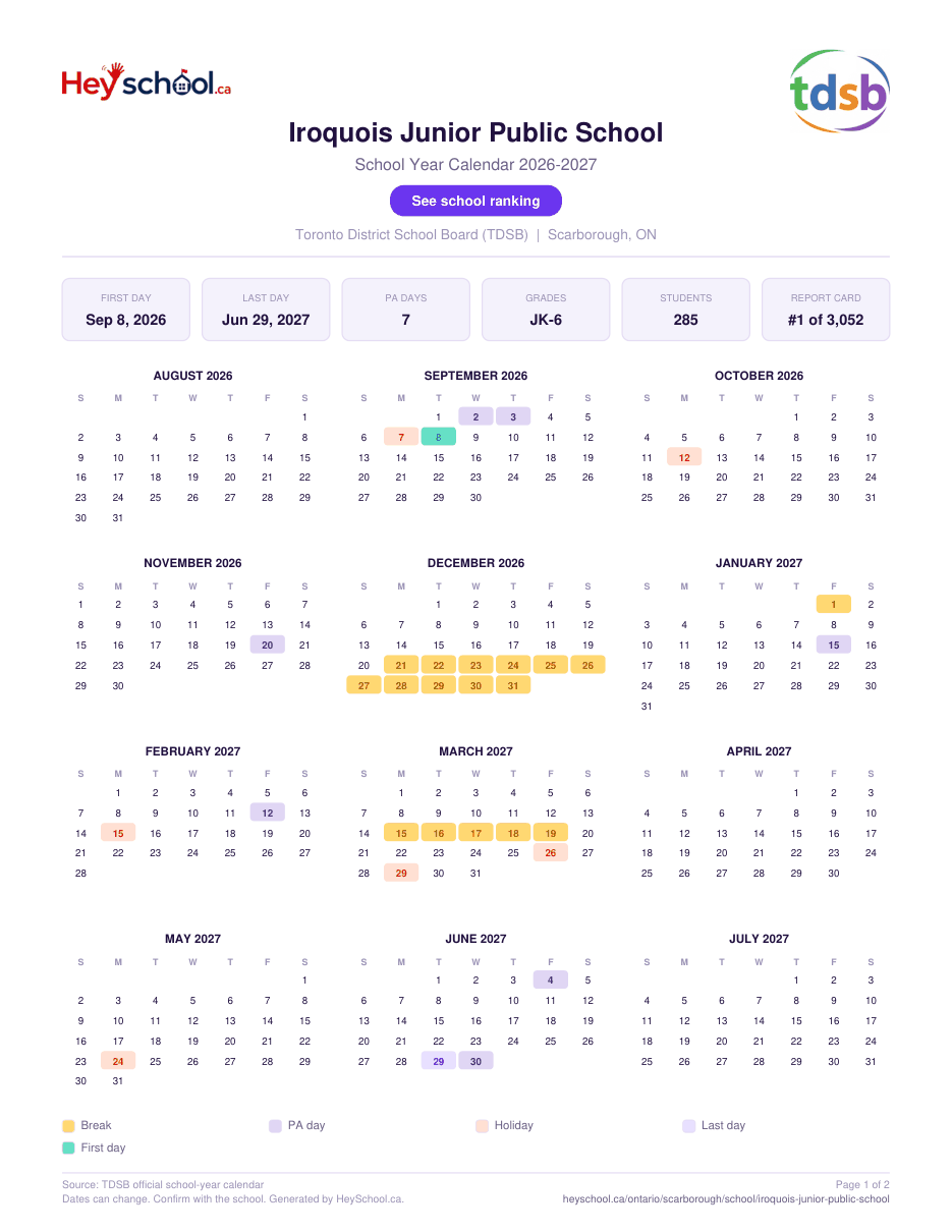 Iroquois Junior Public School School Year Calendar 2026-2027