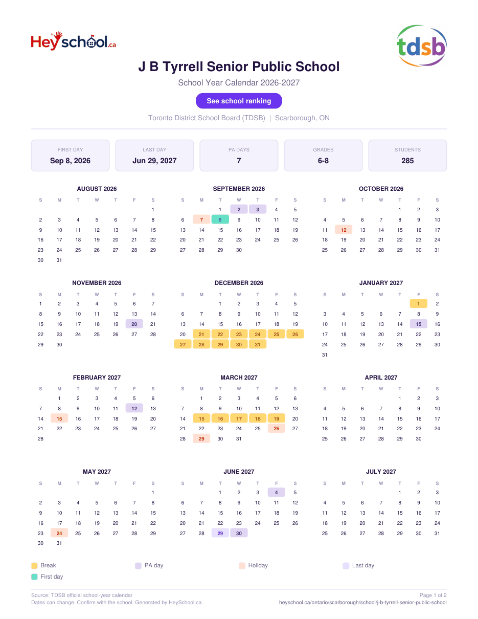 J B Tyrrell Senior Public School School Year Calendar 2026-2027