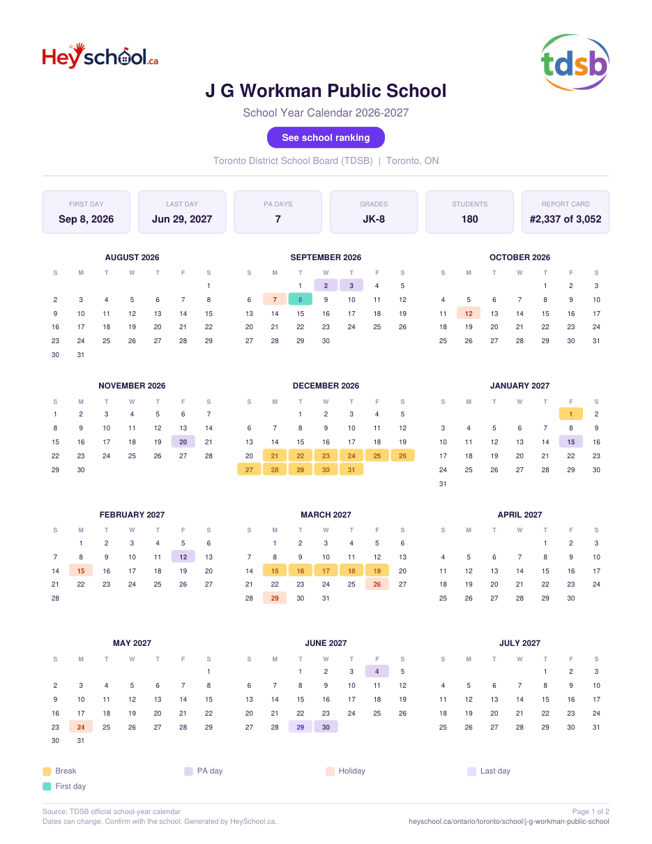 J G Workman Public School School Year Calendar 2026-2027