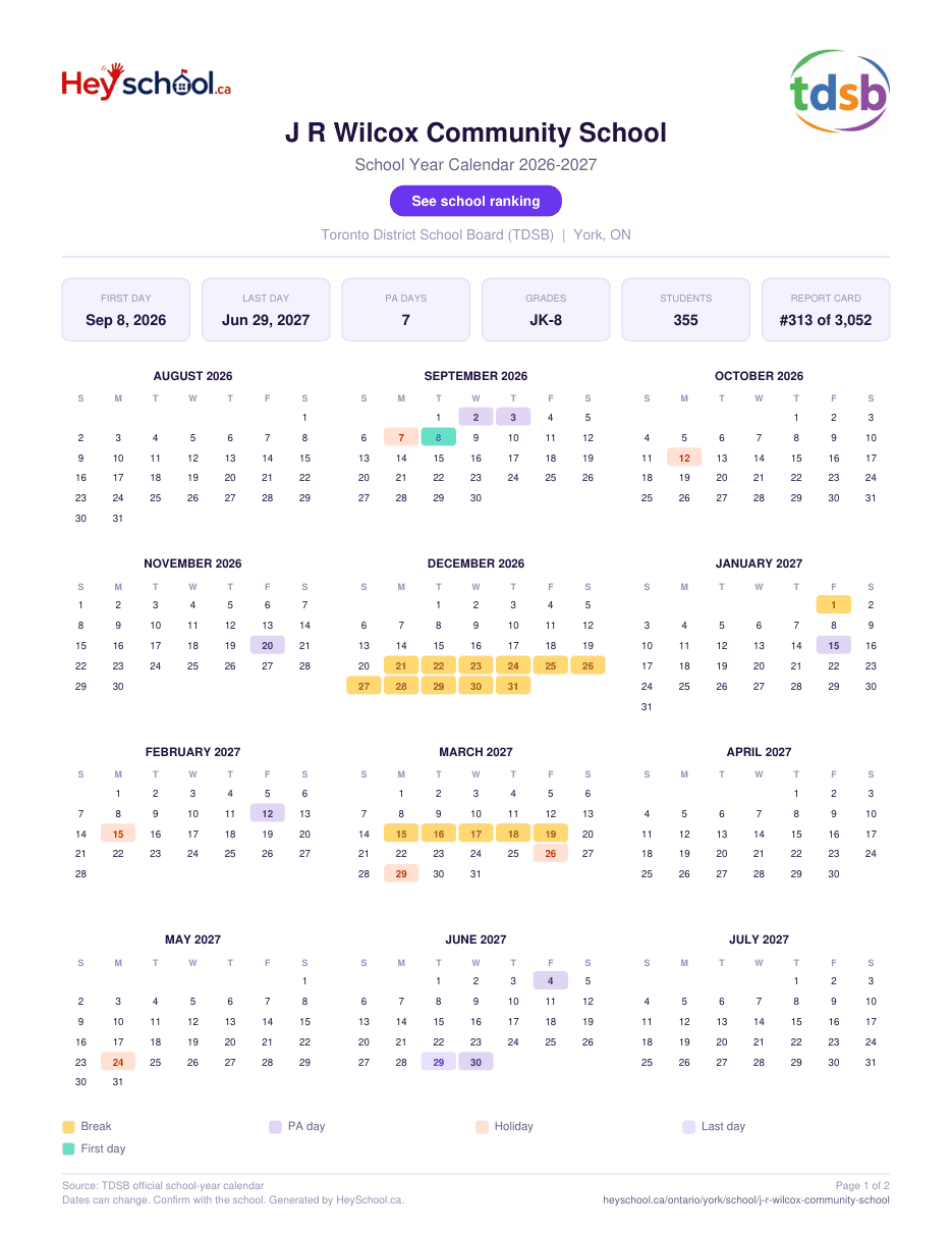 J R Wilcox Community School School Year Calendar 2026-2027