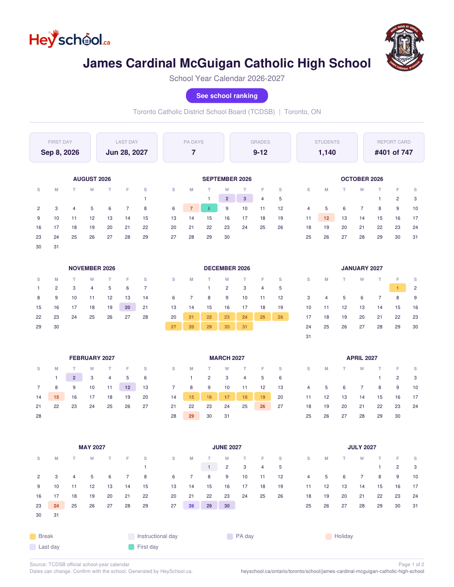 James Cardinal McGuigan Catholic High School School Year Calendar 2026-2027