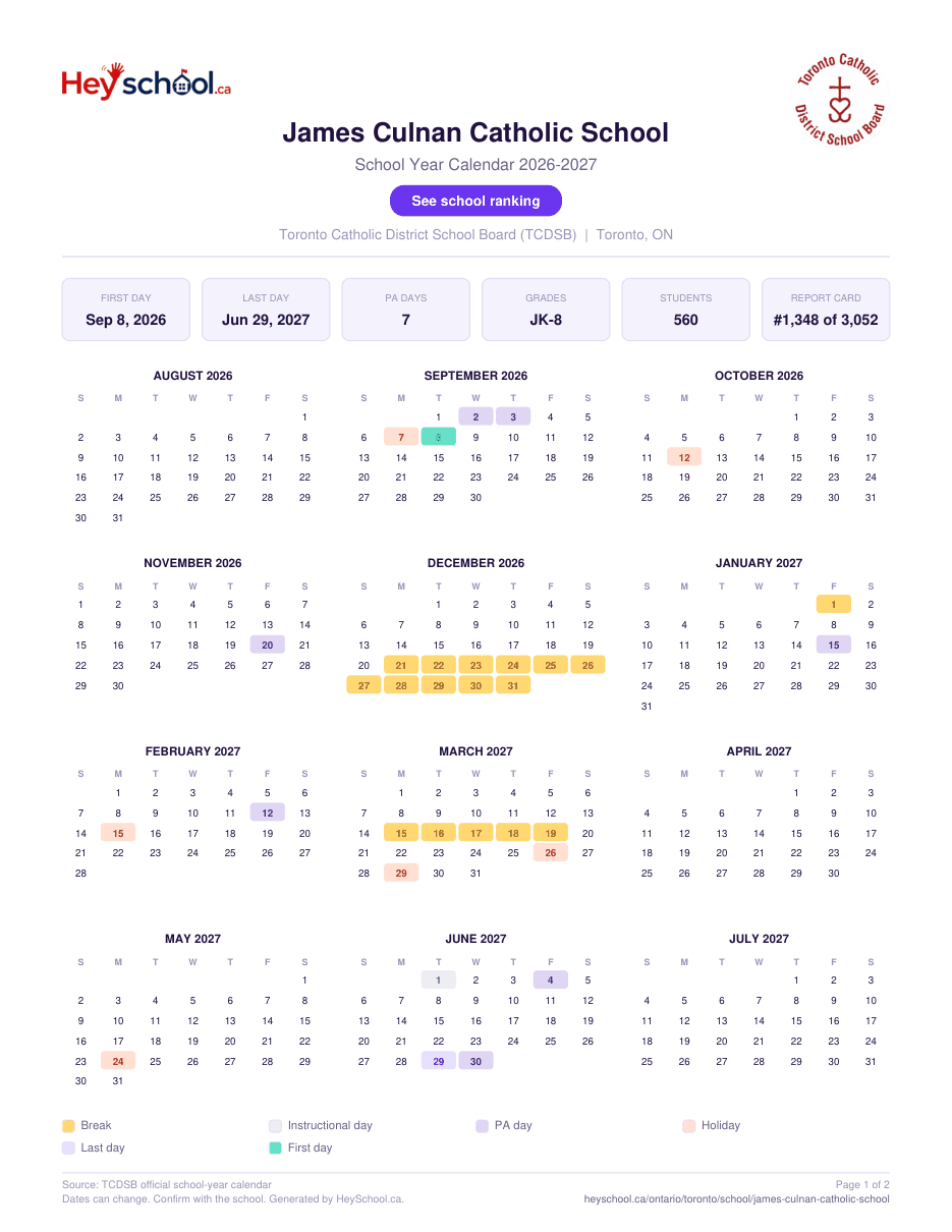 James Culnan Catholic School School Year Calendar 2026-2027
