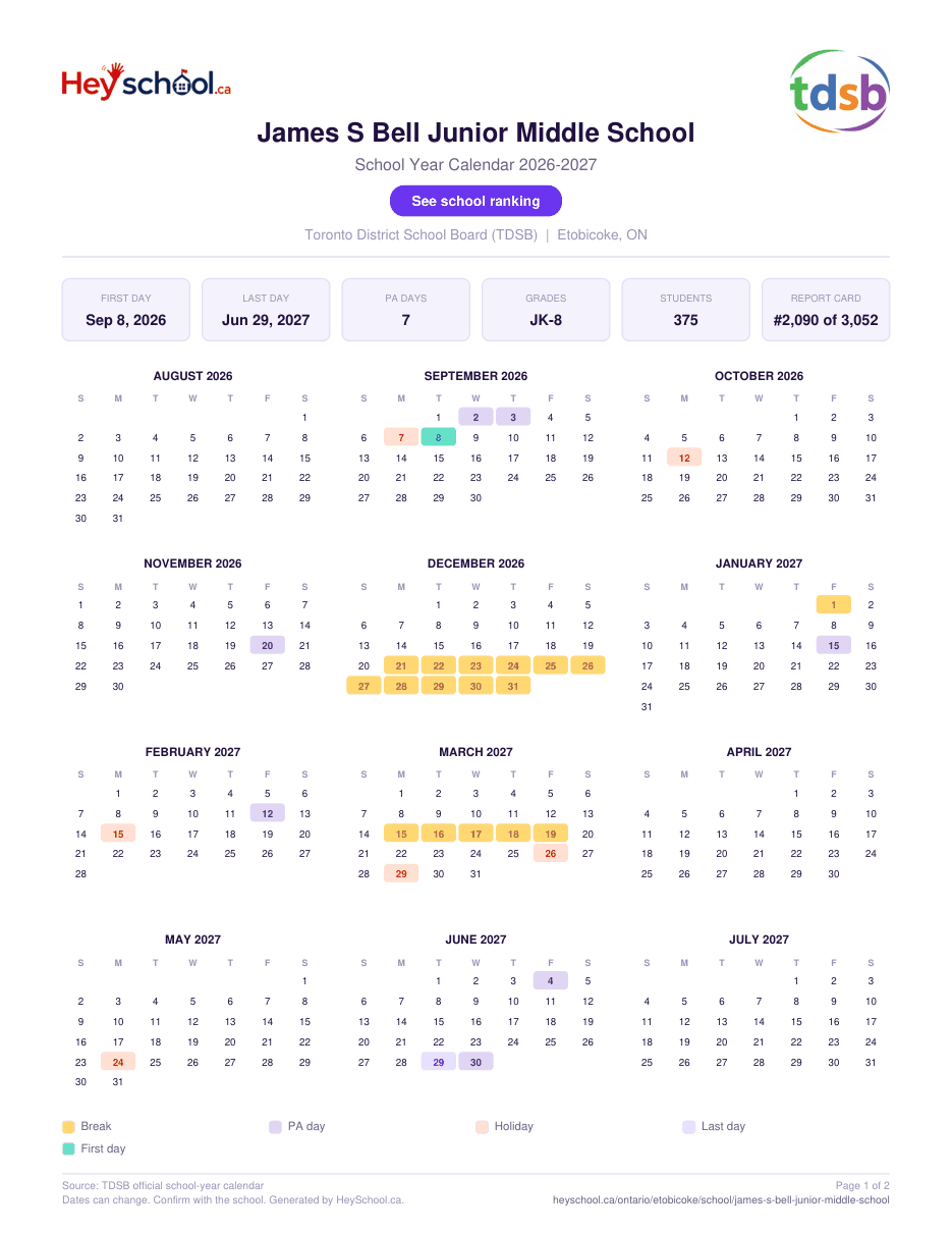 James S Bell Junior Middle School School Year Calendar 2026-2027