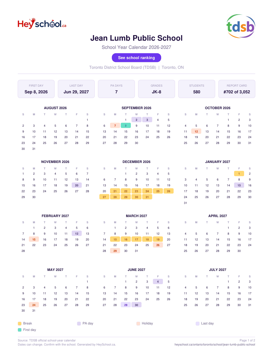 Jean Lumb Public School School Year Calendar 2026-2027