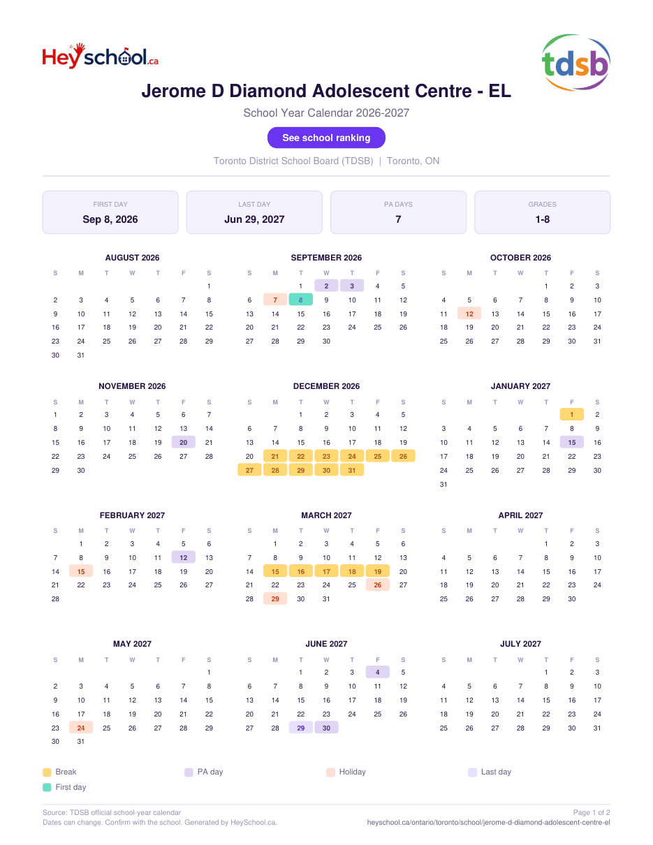 Jerome D Diamond Adolescent Centre - EL School Year Calendar 2026-2027