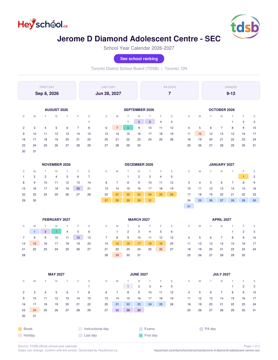 Jerome D Diamond Adolescent Centre - SEC School Year Calendar 2026-2027