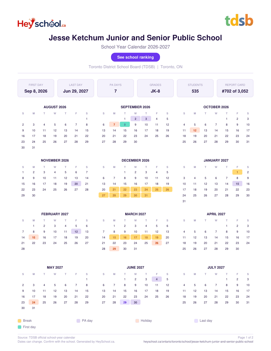 Jesse Ketchum Junior and Senior Public School School Year Calendar 2026-2027