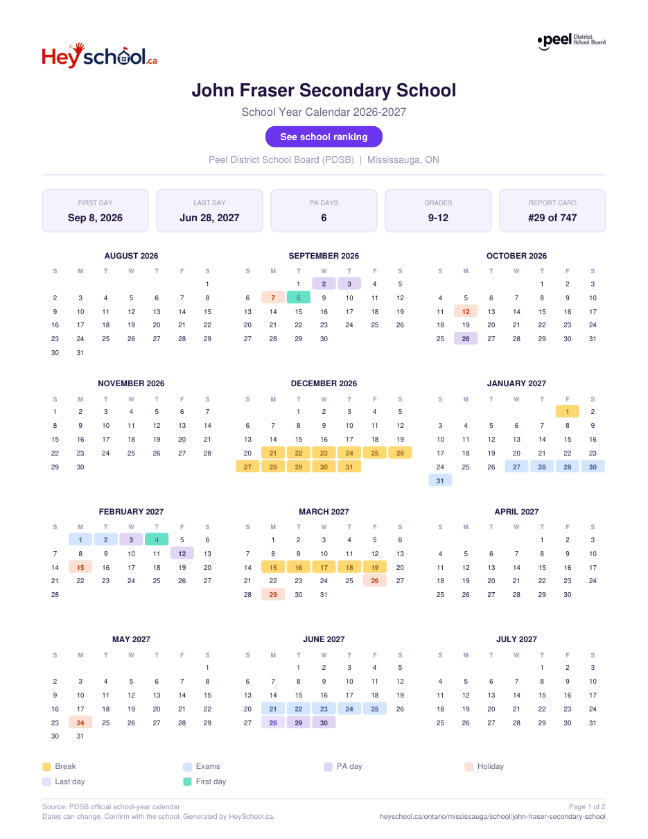 John Fraser Secondary School School Year Calendar 2026-2027