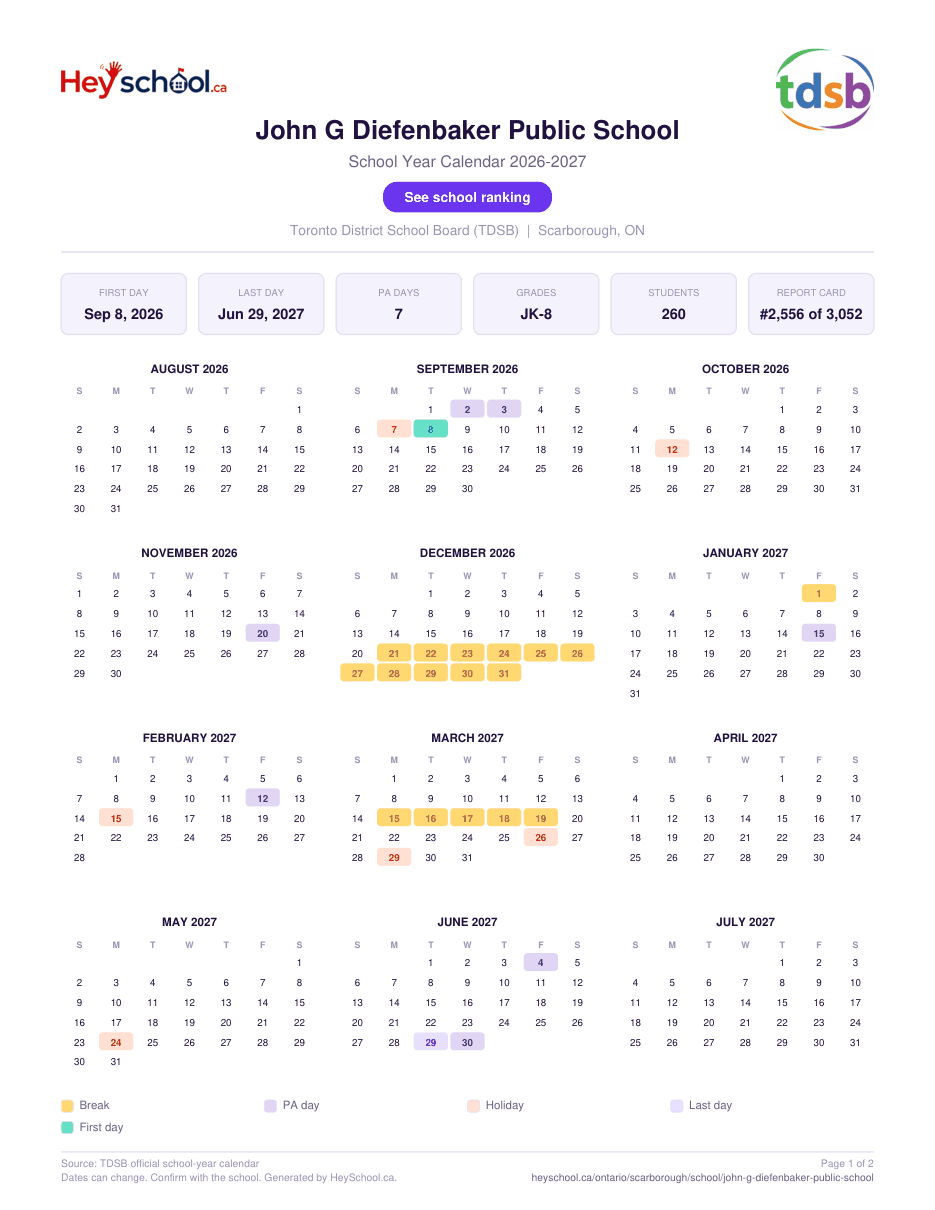 John G Diefenbaker Public School School Year Calendar 2026-2027