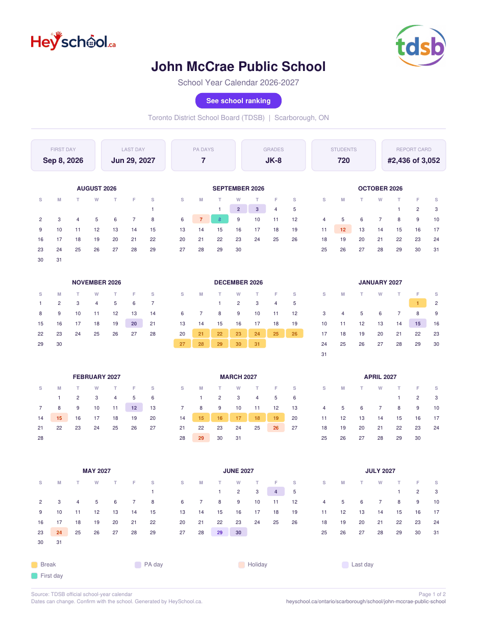John McCrae Public School School Year Calendar 2026-2027