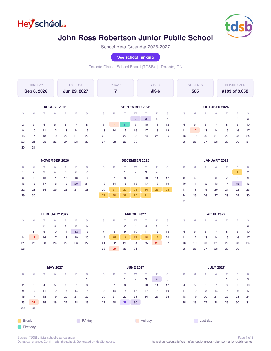 John Ross Robertson Junior Public School School Year Calendar 2026-2027