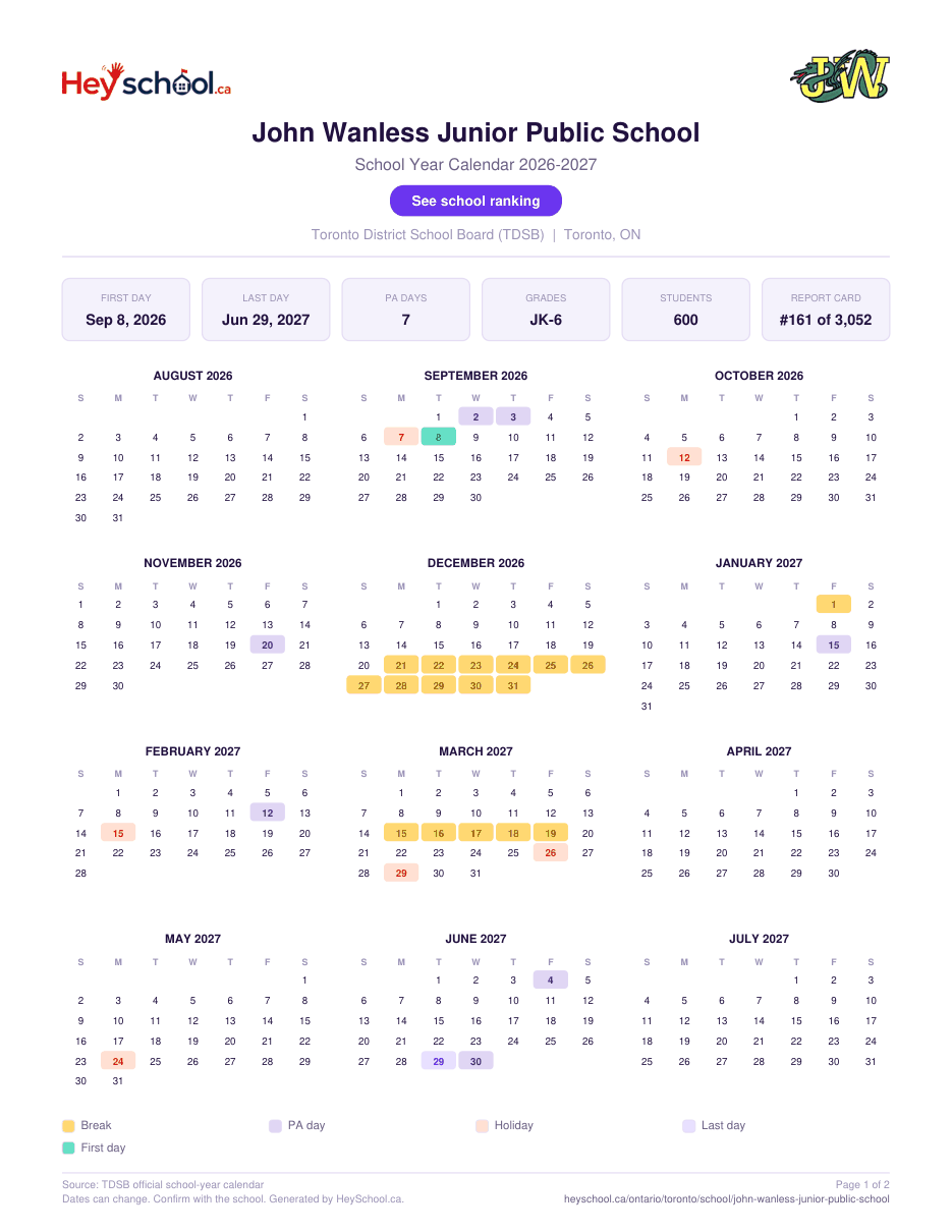 John Wanless Junior Public School School Year Calendar 2026-2027