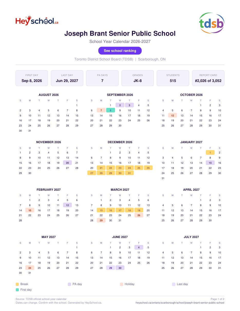 Joseph Brant Senior Public School School Year Calendar 2026-2027