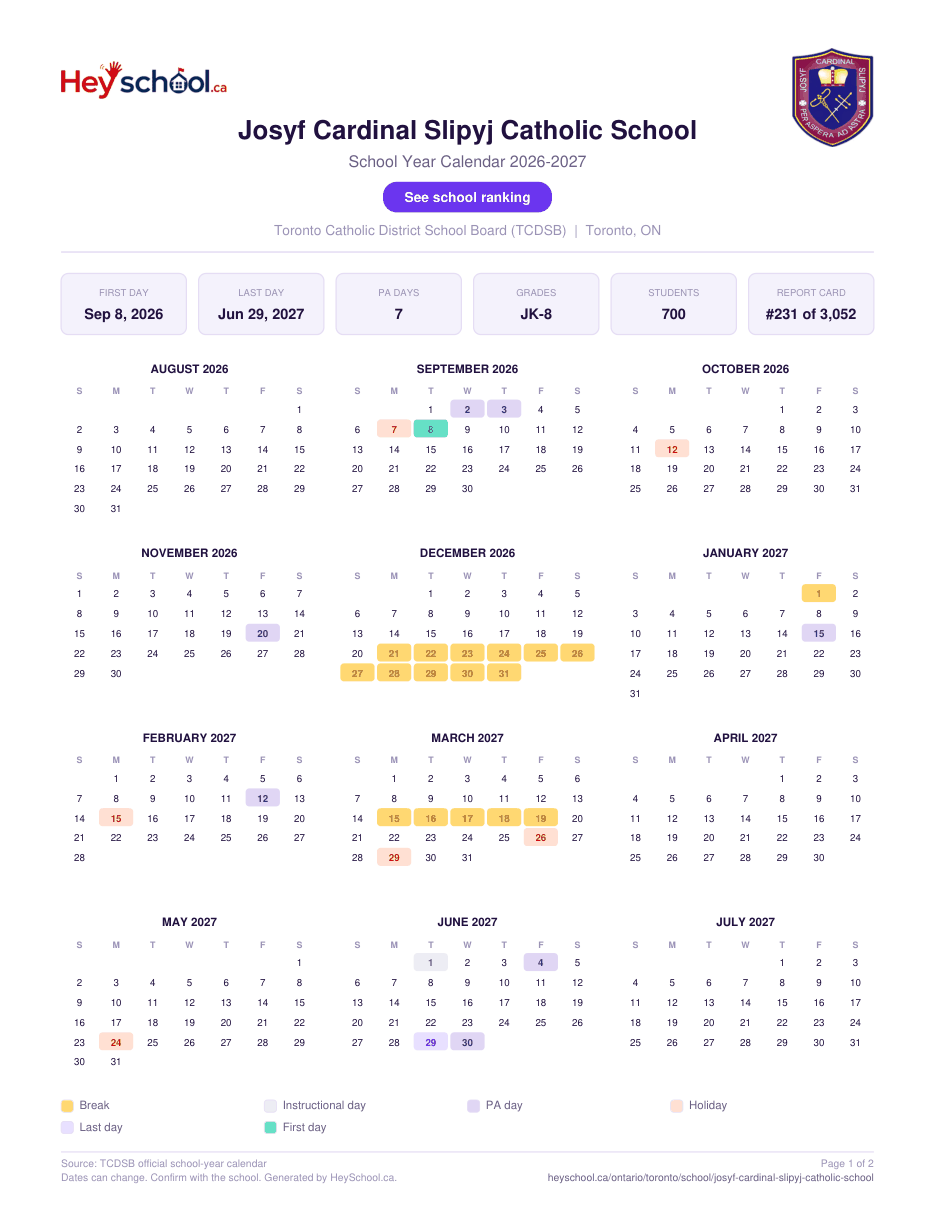 Josyf Cardinal Slipyj Catholic School School Year Calendar 2026-2027