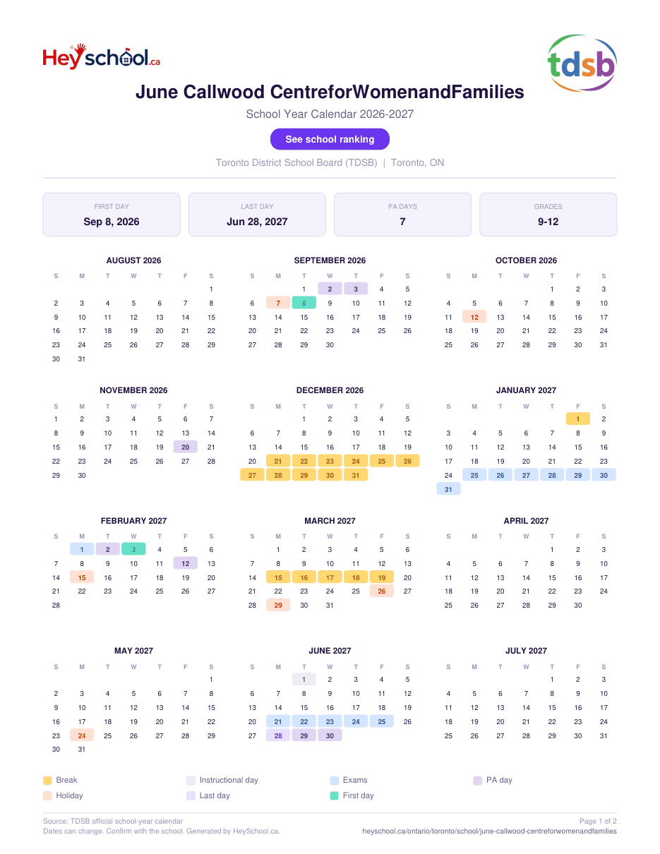 June Callwood CentreforWomenandFamilies School Year Calendar 2026-2027