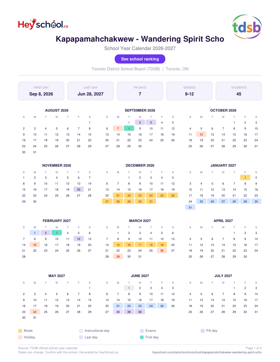 Kapapamahchakwew - Wandering Spirit Scho School Year Calendar 2026-2027