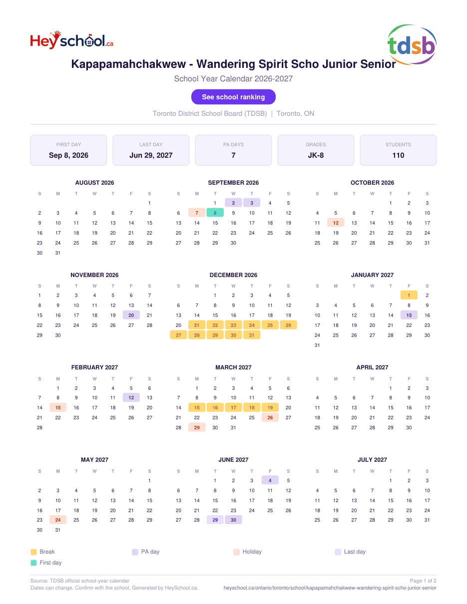 Kapapamahchakwew - Wandering Spirit Scho Junior Senior School Year Calendar 2026-2027