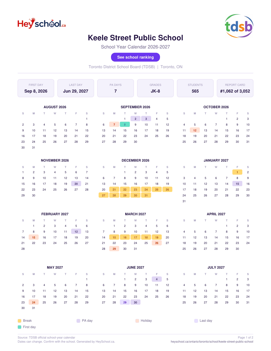 Keele Street Public School School Year Calendar 2026-2027