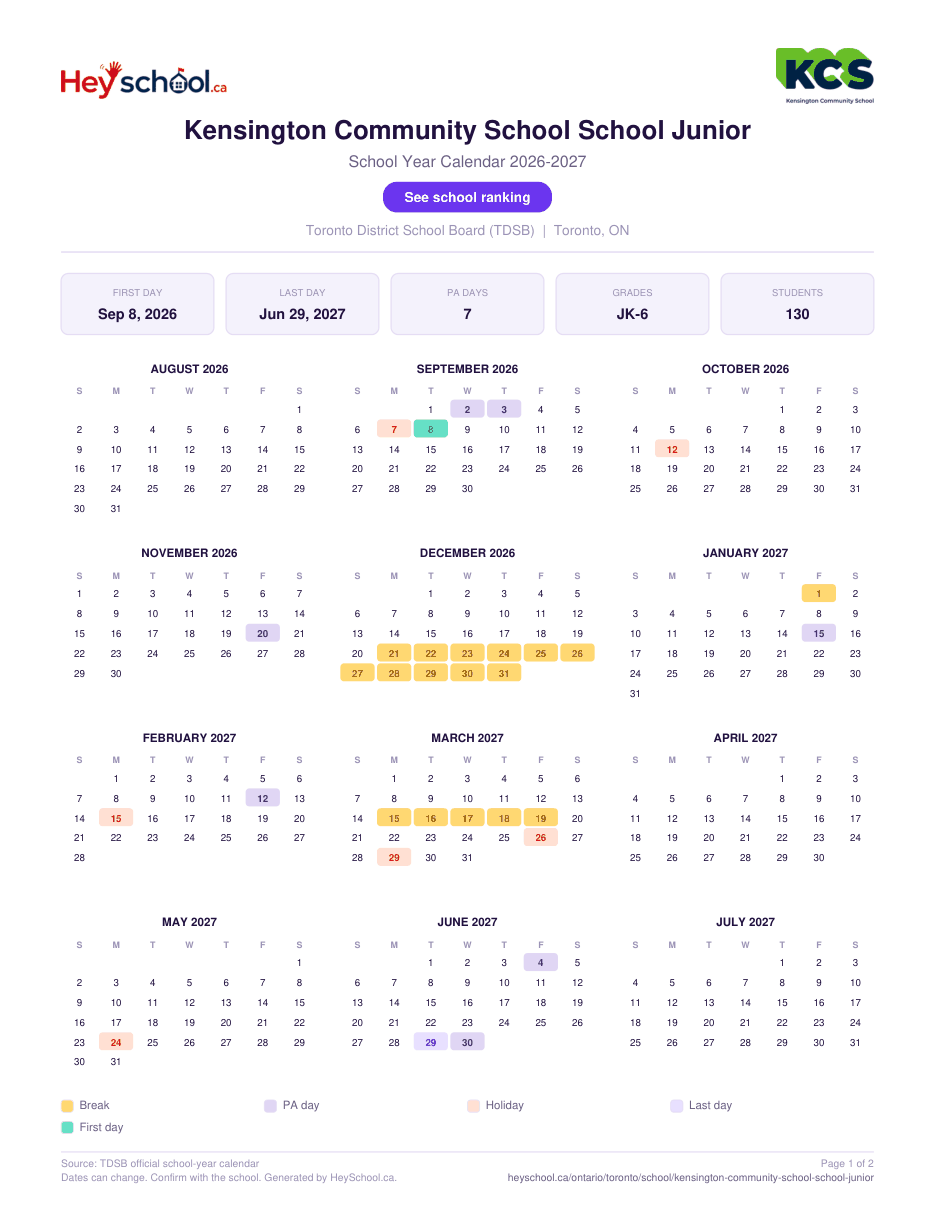 Kensington Community School School Junior School Year Calendar 2026-2027